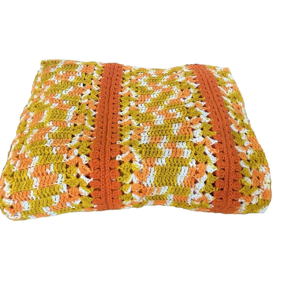 Vtg Lg 70s‎ Orange & Gold Crochet Afghan Sofa Throw Blanket 62